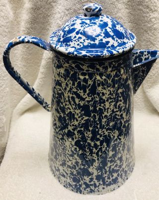 Vintage Blue White Swirl Agate Enamelware Coffee Pot Granite Ware Enamel Pitcher