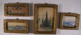 4 Vtg Miniature Watercolor Paintings By W.  M.  Mitchell Orig Hand Carved Frames