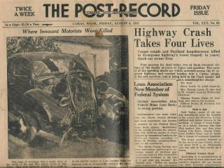 1937 Camas Washington Newspaper,  The Post - Record,  4 Car Crash Headline