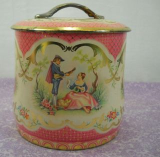 Vintage Candy Cookie Biscuit Tin Victorian Scene Style Pink Gold Lidded Handle