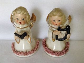 2 Napco Angel Figurines Rare Lefton Type Harp