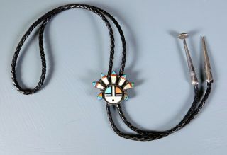 Vintage Zuni Sterling Silver And Turquoise Inlaid Sunface Bolo Tie