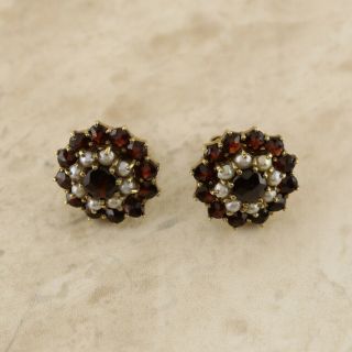 Vintage Garnet And Pearl Studs Earrings 9ct Yellow Gold