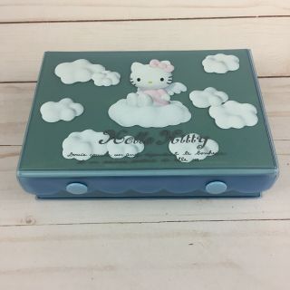 Vintage 1998 Sanrio Hello Kitty Blue Plastic Snap Jewelry Box Angel Clouds
