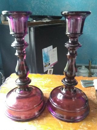 Vintage 8&1/4 Inch Amethyst Purple Glass Candle Stick Holder 