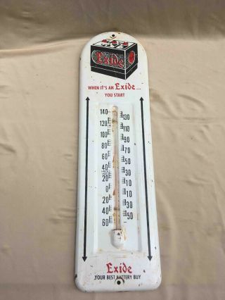 Old Exide Car Battery Painted Metal Advertising Thermometer Sign