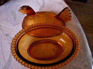 7 " Indiana Carnival Glass Amber Hen On Nest Chicken Covered Dish Candy Bowl