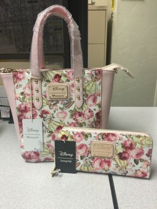 Disney Loungefly Beauty & The Beast Belle Pale Pink Roses Tote And Wallet