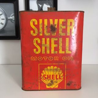 Vintage Silver Shell Motor Oil Gas Can With Top 2 Gallon Jug