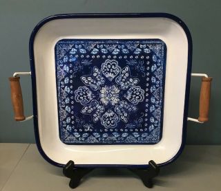 Vintage Enamel Butterfly Square Blue & White Tray W/ Wood Handles