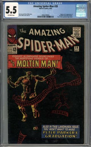 Spider - Man 28 Cgc 5.  5 Fn - Origin And 1st Appearance Of The Molten Man