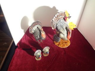 2 Vintage Paper Mache Or Comp Turkey Candy Containers & 2 Small German Turkeys