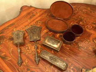 Vintage 6 Piece Vanity Set Brush Hand Mirror And 3 Jewelry Boxes