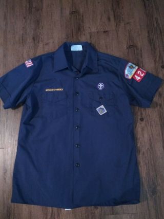H84 Bsa Boy Scouts Of America Youth Large Navy Blue 2x Shirt With Patches