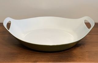 Vintage Mid - Century Porcelain - Enameled Cast Iron Paella Pan Avocado Green Large