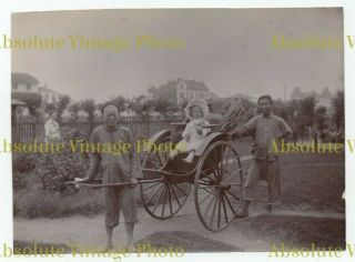 Old Albumen Photograph Chinese Rickshaw Servant Qingdao / Tsingtao China C.  1910