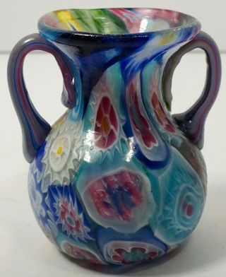 Colorful Vintage Double Handled Millefiori Glass Urn Shaped Toothpick Holder