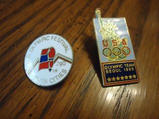U.  S.  A.  Olympic Team Pin,  Seoul 1988,  U.  S.  Olympic Festival Pin,  Twin Cities,  90