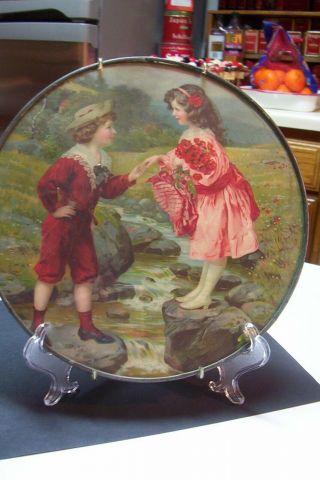 Vintage Flue Cover Children With Roses 9 1/2 " Diameter Made In Belgium No Chain