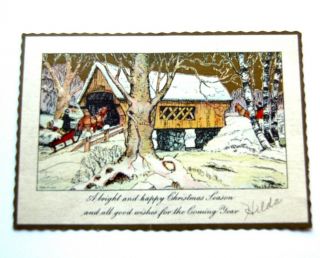 Vintage Art Deco Christmas Card " Old Covered Bridge " 1 Sided 1933 S&h