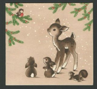 Vintage Christmas Card Cute Forest Animals Listen To Bird Sing Deer Rabbit Squir
