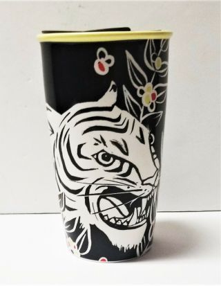 Starbucks White Tiger Ceramic Coffee Travel Mug Tumbler Double Wall Nwt 12 Oz