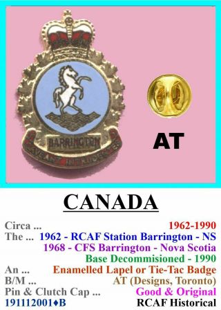Lapel Badge • Canada • Rcaf Station " Barrington " - Ns • 1962 - 1990 • 191112001•b