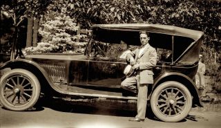 1920s Era Photo Negative Car Girl Flirts W Dandy Man In Her Rag Top Automobile