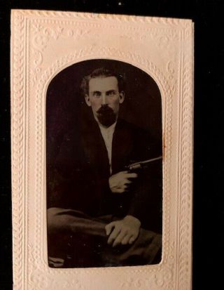Tintype Of Bearded Gentleman Holding A Colt ? Revolver 1850 