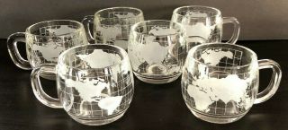 Vintage Nestle Nescafe Etched Clear Glass Heavy World Globe Mugs Euc Set Of 6
