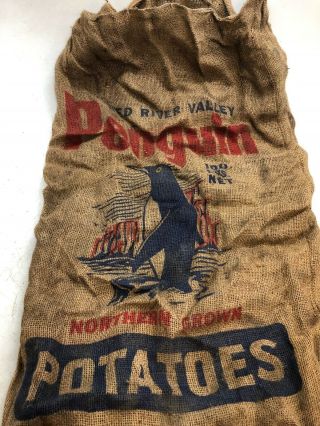 Vintage Rare Red River Valley Penguin 100 Lb.  Potatoes Burlap Sack Northern Bag