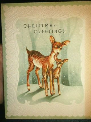 Vtg Christmas Card Reindeer Doe Fawn Winter Snow 1940 