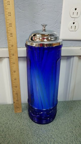Colbalt Blue Color Glass Straw Holder Dispenser W/ Chrome Lid Straws