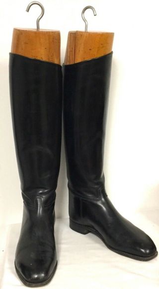 Vintage Black Leather Equestrian Polo Riding Boots W Wooden Trees Forms