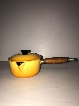 Vintage Le Creuset Orange Yellow Enamel Cast Iron No 14 Wood Handle Sauce Pan