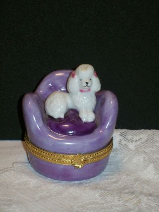 Porcelain White Poodle On Purple Chair Trinket Box