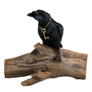 Mini Miniature Gothic Black Raven Crow On Log With Key Figurine 2.  5 " High