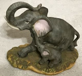 Homco Home Interiors Porcelain Figurine Elephants 1410 Vgc Trunks Up Mom W/baby