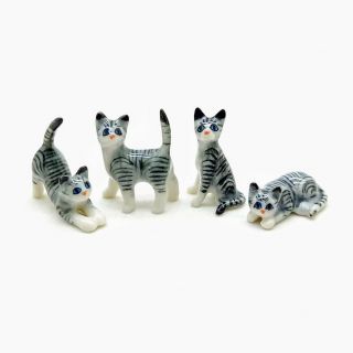 4 Cat Kitten Ceramic Figurine Animal Dollhouse Miniature Gray Grey - Cck049
