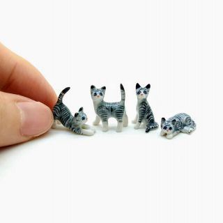 4 Cat Kitten Ceramic Figurine Animal Dollhouse Miniature Gray Grey - CCK049 2