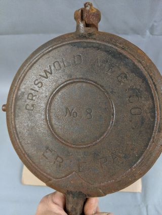 Antique Cast Iron Griswold American No.  8 Waffle Iron 1901.  No Handles/ Base