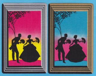 2 Single Vintage Swap/playing Cards Silhouette Deco Couple With Fans