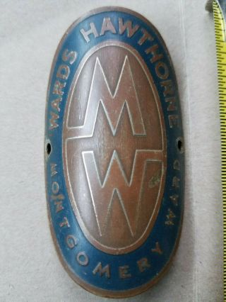 Vintage Montgomery Wards Hawthorne Head Badge Emblem Bicycycle Old Sign