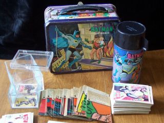 Vtg 1966 Batman & Robin Lunch Box W Thermos & 1966 Topps Batman Red Wing Cards