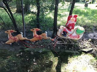 Vintage Blow Mold Santa Sleigh 2 Reindeer Holiday Christmas Yard Decoration