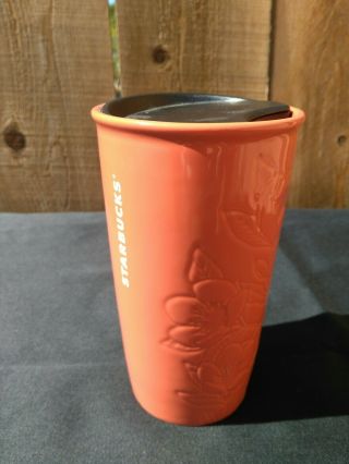 Starbucks 2019 Orange Embossed Floral Ceramic Travel Mug Tumbler