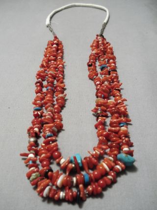 Very Rare Vintage Navajo Coral Turquoise Sterling Silver Bead Necklace