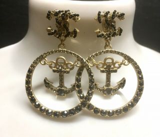 Auth Chanel Vintage Signed Cc Sailor Hoop Earrings Gold Black Pierced Earrings