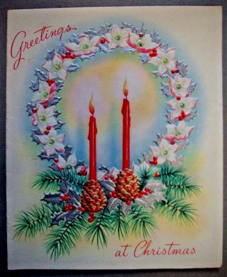 Wreath Of Pink White Poinsettia W Candles Vintage Christmas Greeting Card 1g