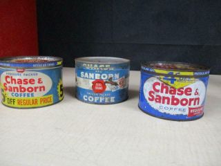 3 Vintage Chase Sanborn Coffee Tin Can 5 Cents Off Collectible Empty W/lids